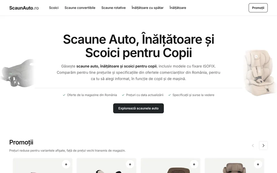Pagina principală ScaunAuto.ro: comparator de prețuri pentru scaune auto, înălțătoare și scoici pentru copii